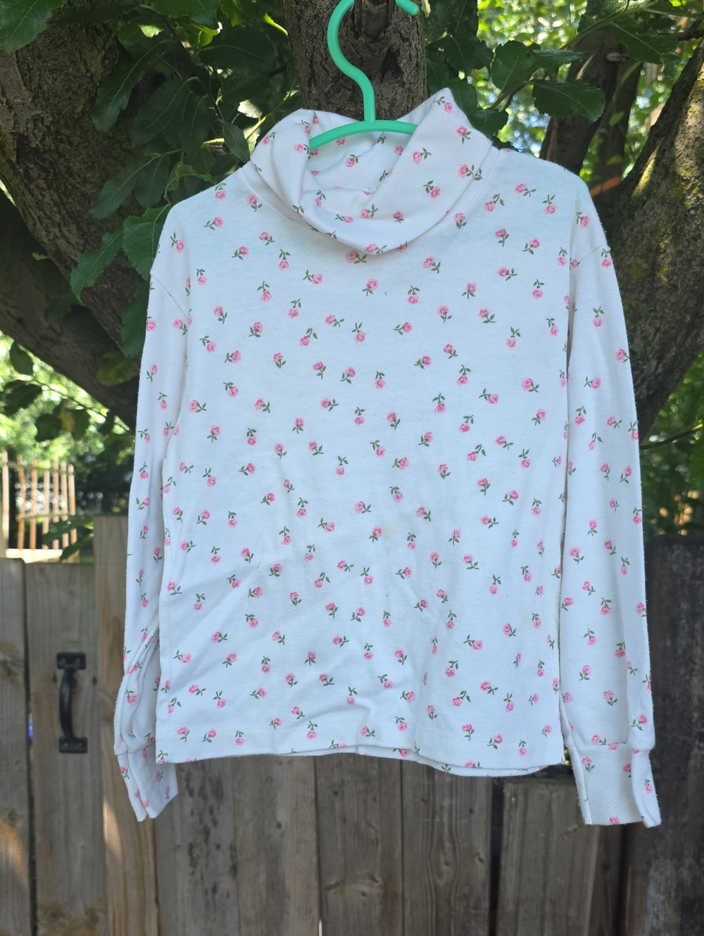White Floral Turtleneck Top with Pink Rose Print See Small Stains